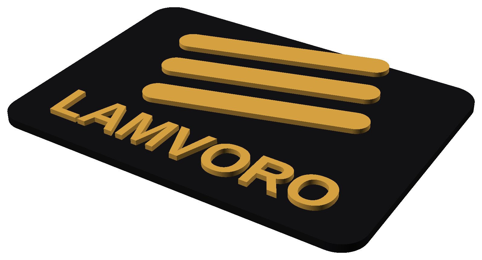 A 3D-printed Lamvoro badge: gold louvre slats and the LAMVORO wordmark on a black enclosure plate